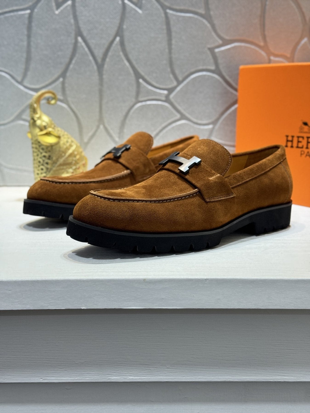 Hermès Brown Leather Lug-Sole Loafers — front