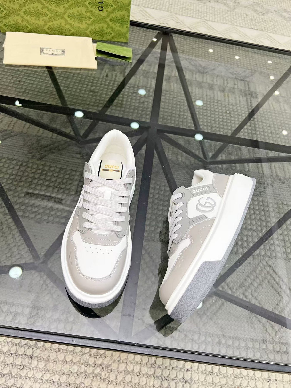 Gucci White and Light Gray Low-Top Sneakers — front