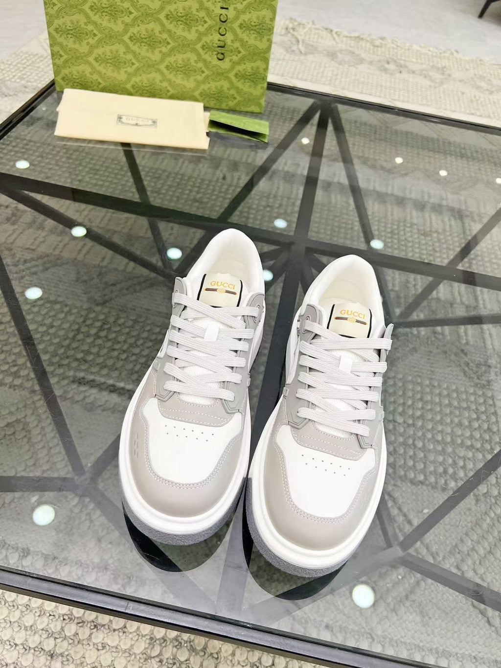 Gucci White and Light Gray Low-Top Sneakers — front