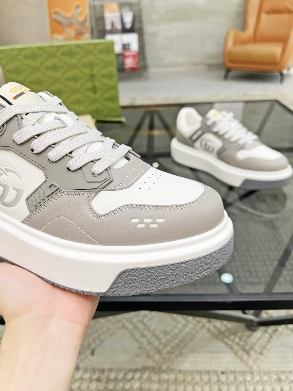Gucci White and Light Gray Low-Top Sneakers — side