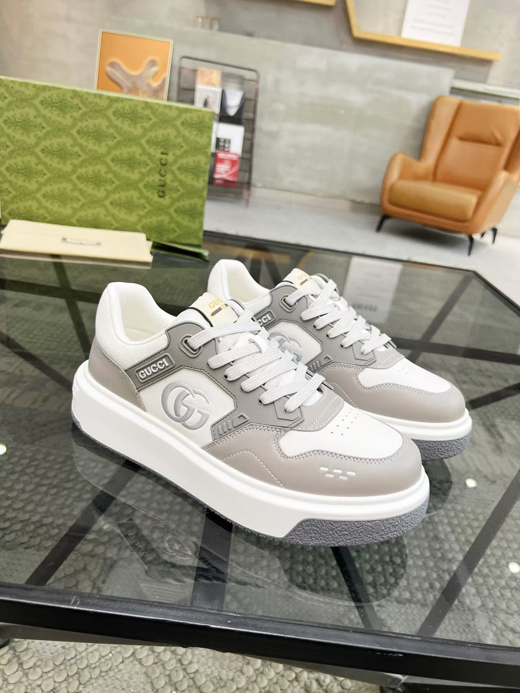 Gucci White and Light Gray Low-Top Sneakers — hero