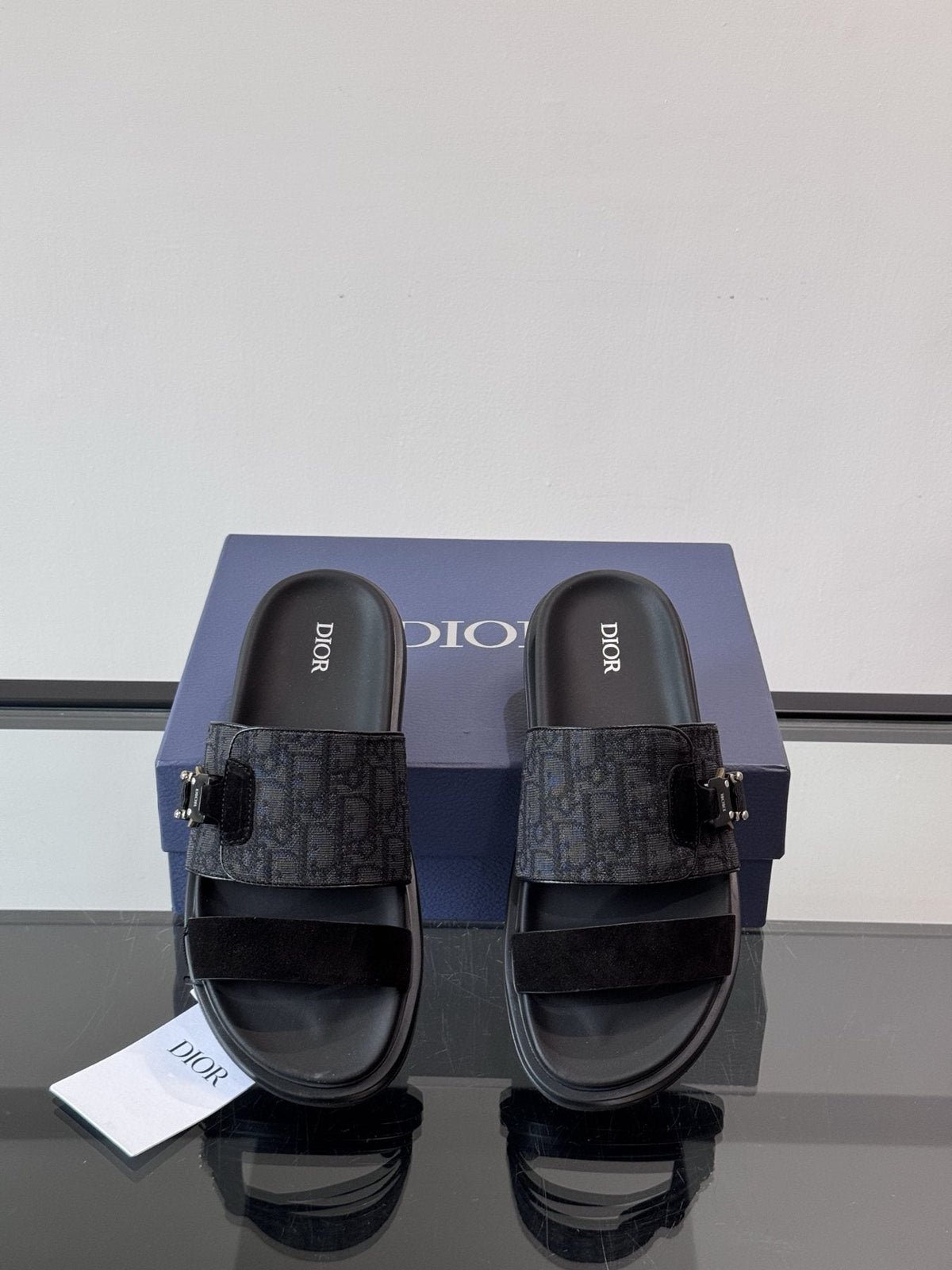 Dior Dark Gray Patterned Slide Sandals — front