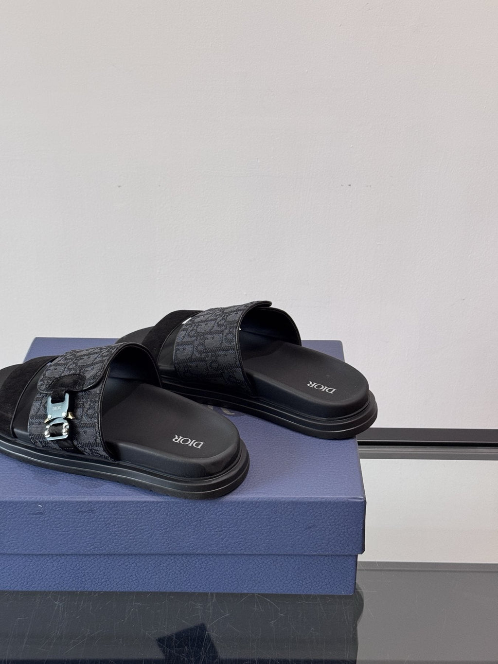 Dior Dark Gray Patterned Slide Sandals — side