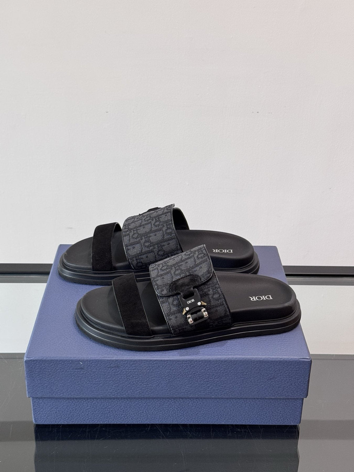 Dior Dark Gray Patterned Slide Sandals — side