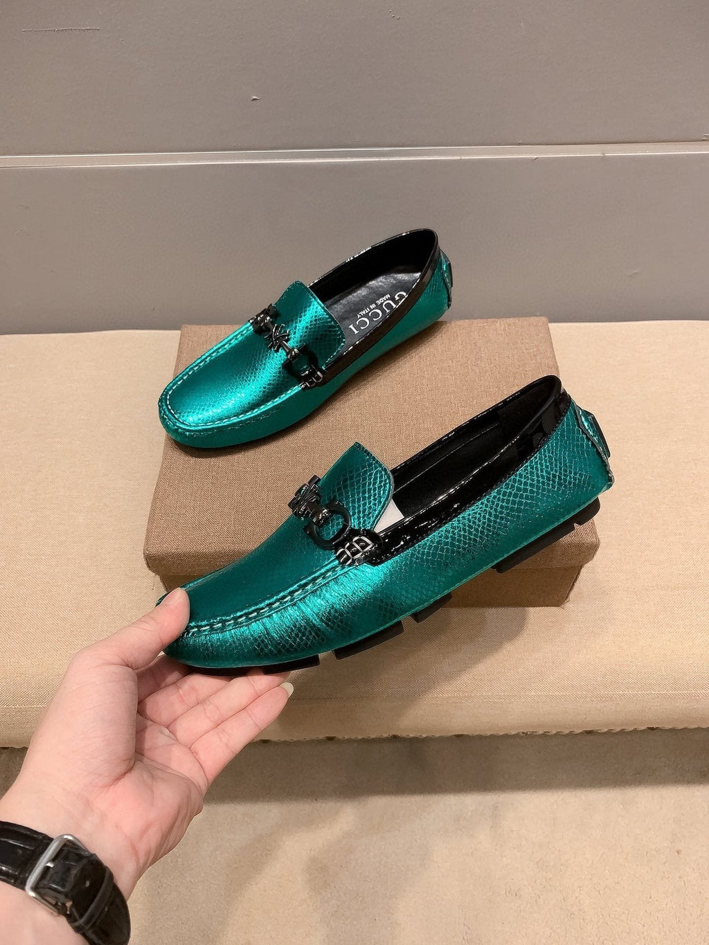 Gucci Metallic Teal Horsebit Loafers — front