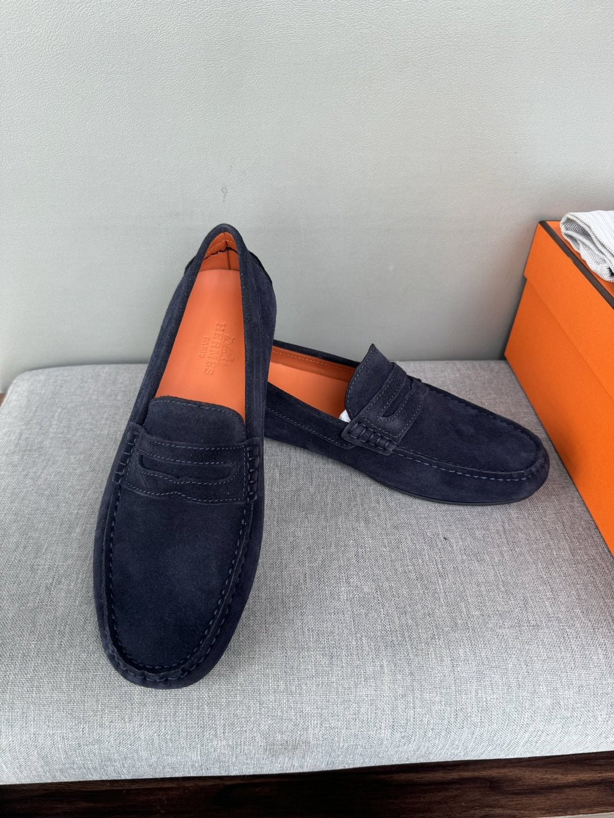 Hermès Navy Suede Driving Loafers — front