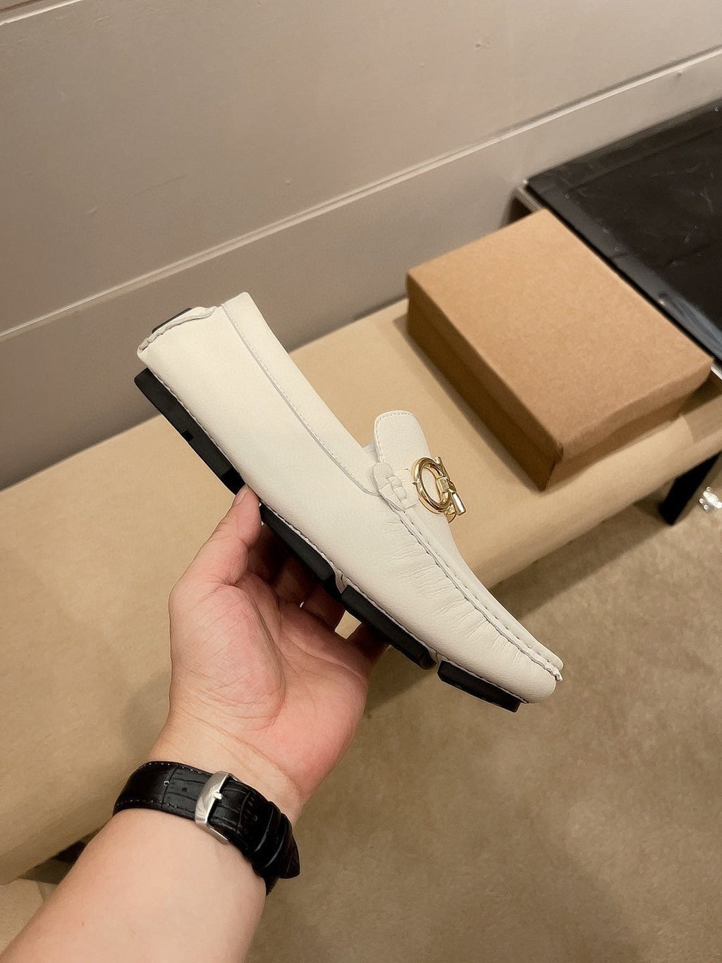 Ferragamo White Hardware Loafers — side