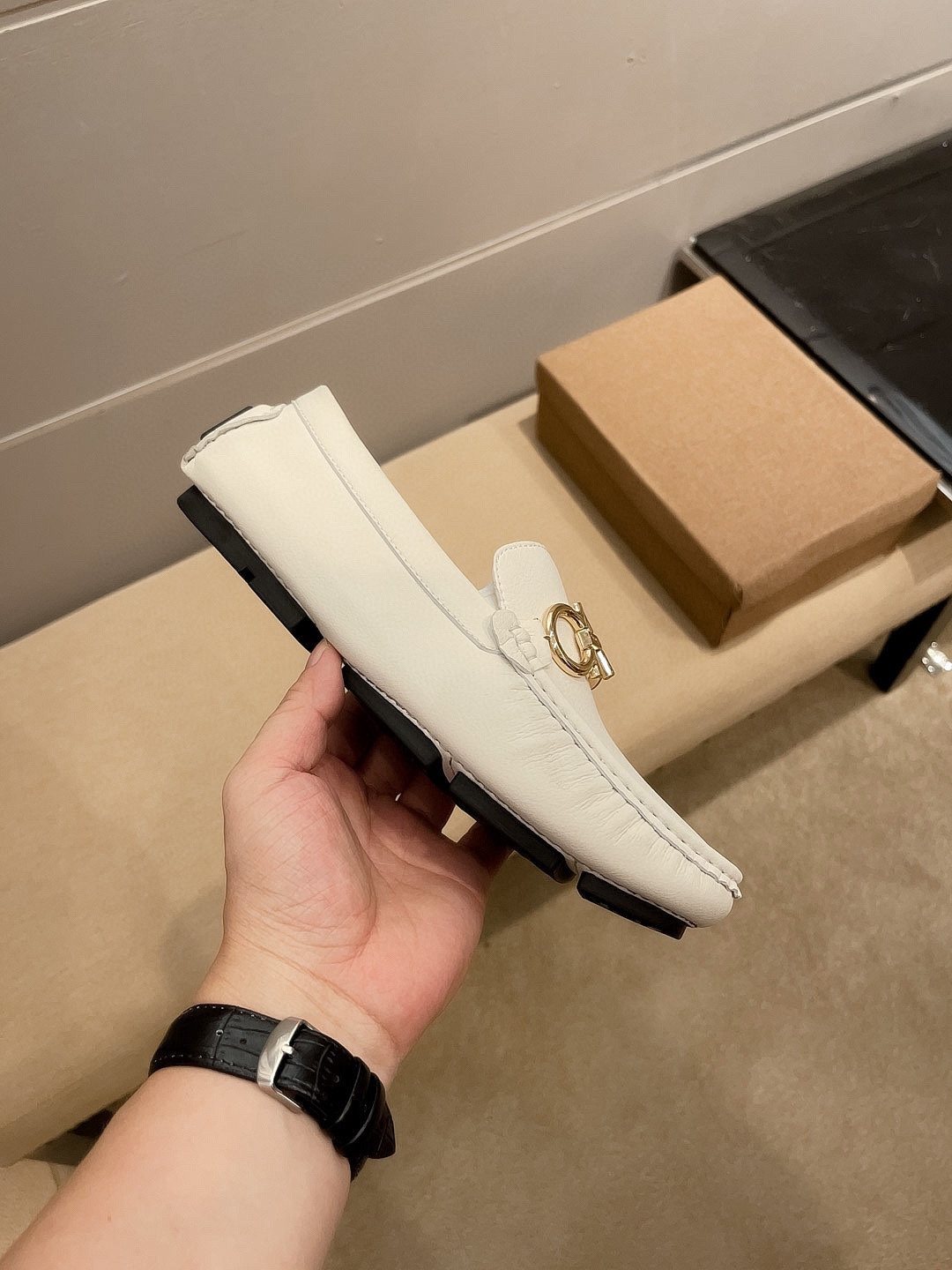 Ferragamo White Hardware Loafers — side