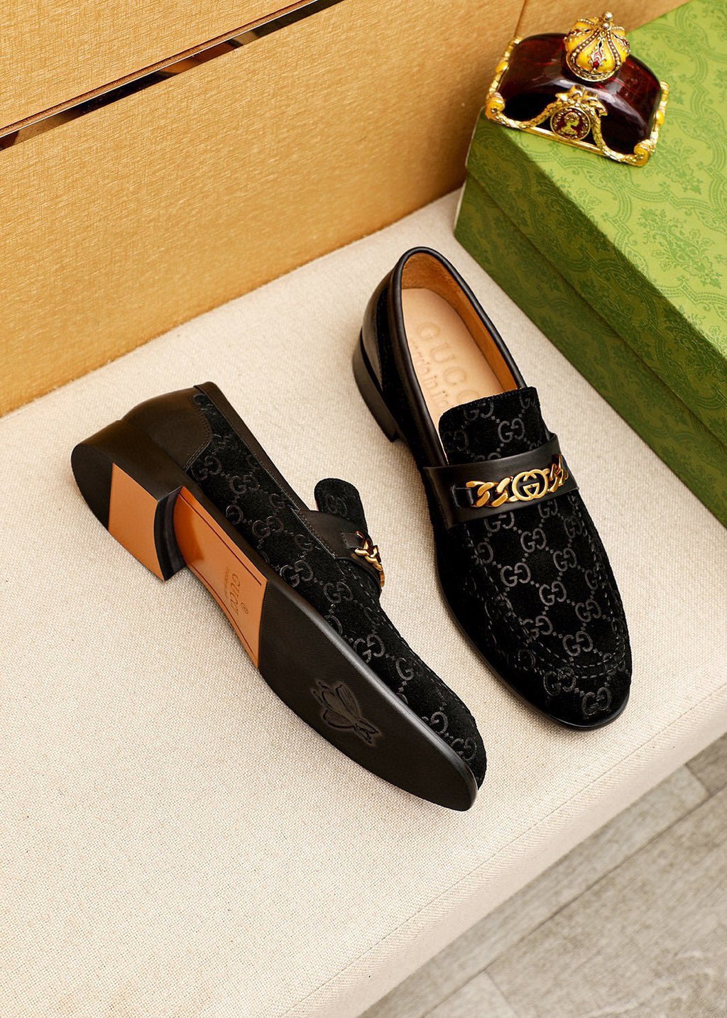 GUCCI Black Patterned Loafers — front