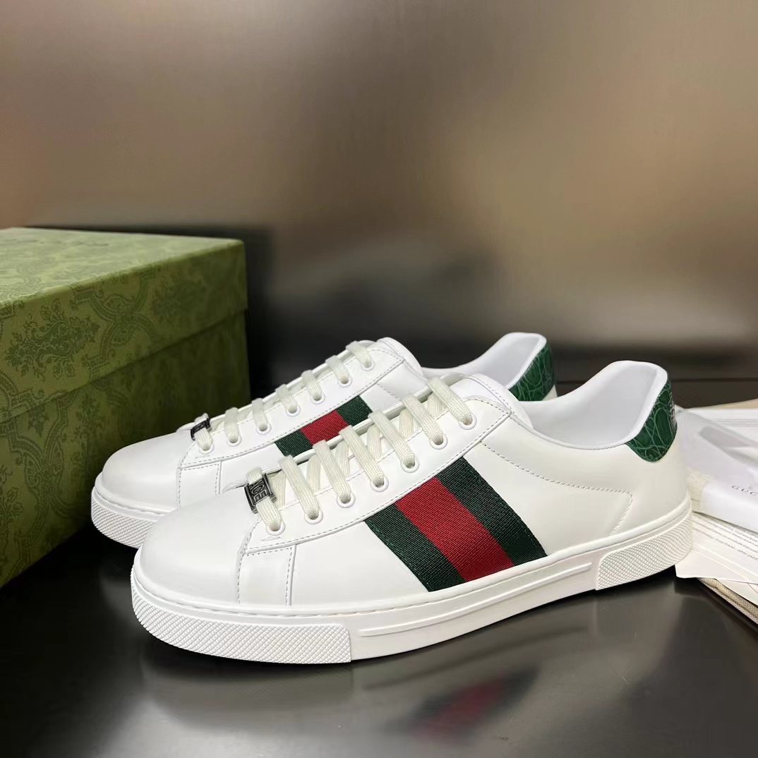 GUCCI White Green-Red Stripe Low-Top Sneakers — side