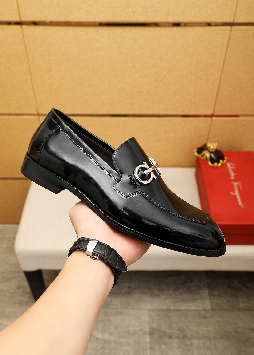 Ferragamo Black Horsebit-Style Loafers — model