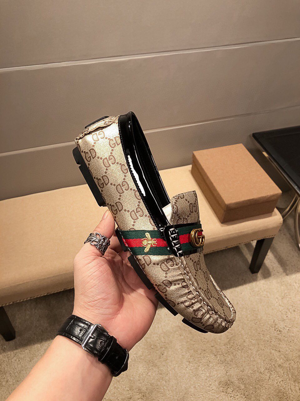 Gucci Beige Web Loafers — side
