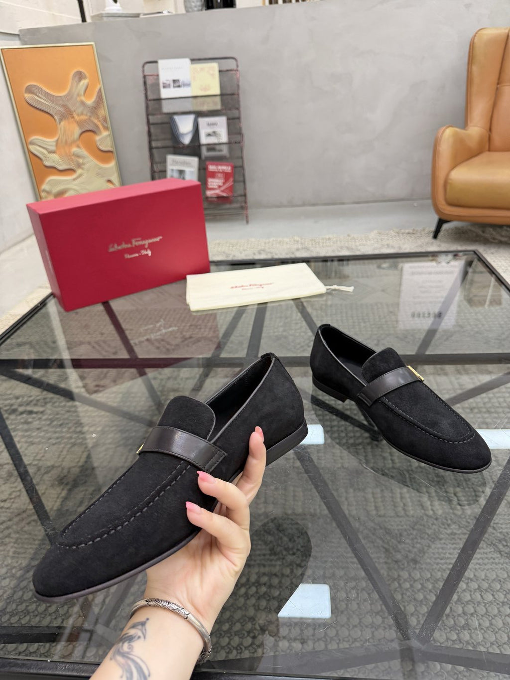 Gold-Hardware Suede Slip-On Loafers — front