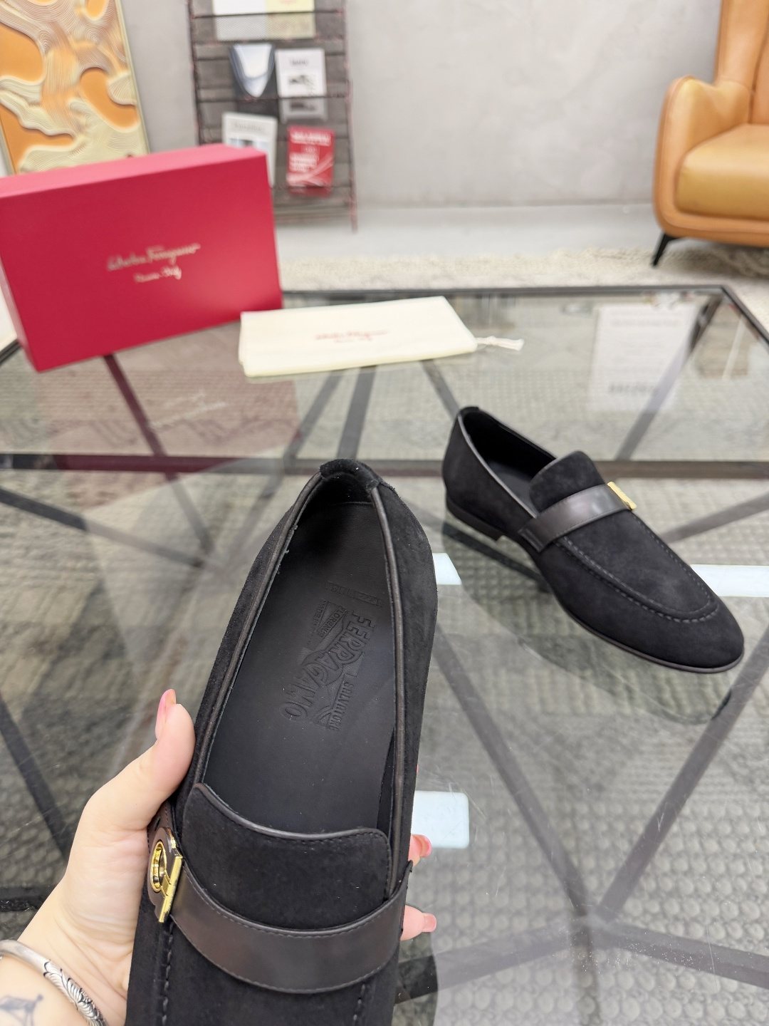 Gold-Hardware Suede Slip-On Loafers — detail