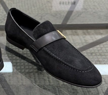Gold-Hardware Suede Slip-On Loafers — front