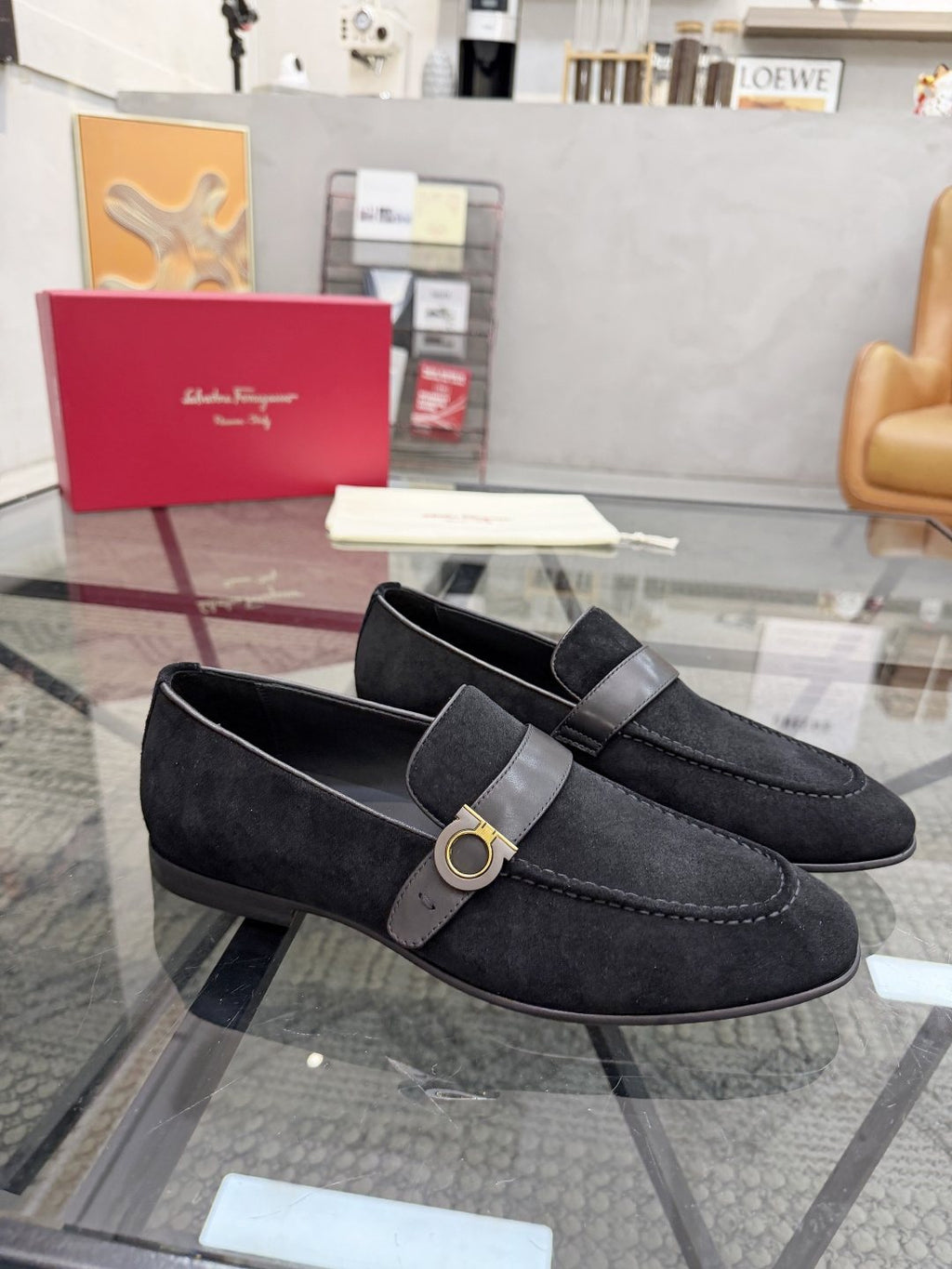 Gold-Hardware Suede Slip-On Loafers — front