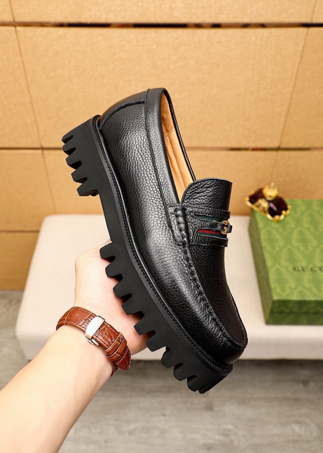 GUCCI Black Lug-Sole Loafers — side