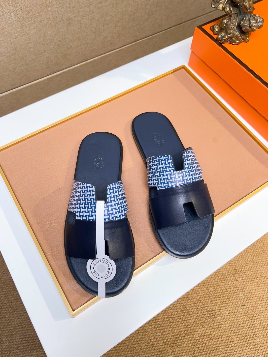 Hermès Blue Patterned H Slide Sandals — front