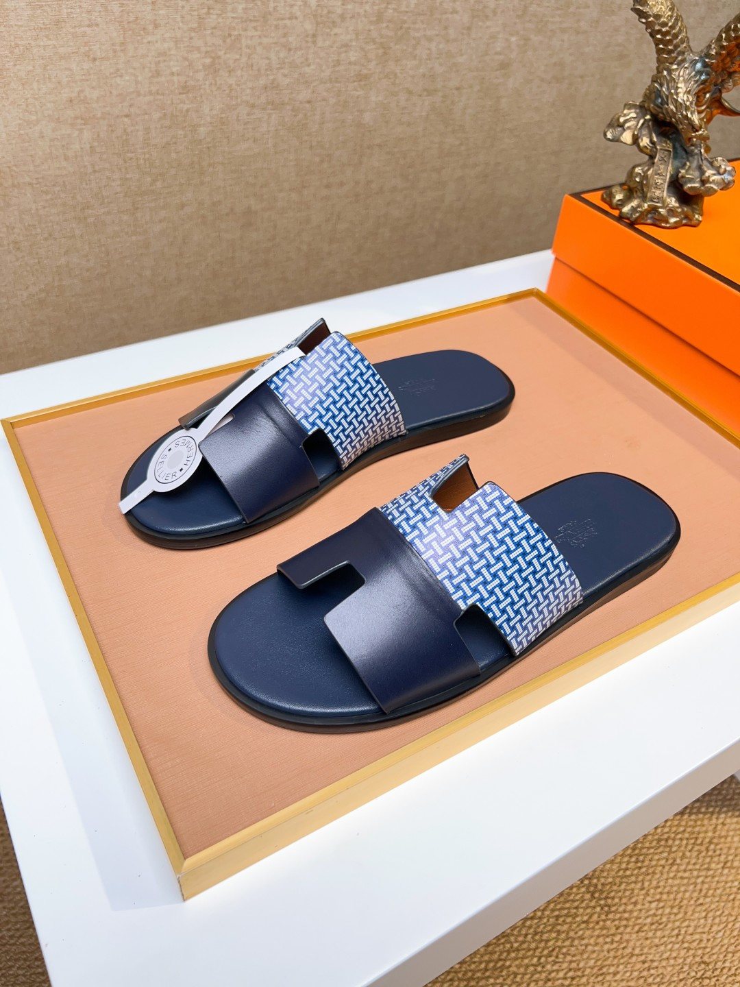 Hermès Blue Patterned H Slide Sandals — front