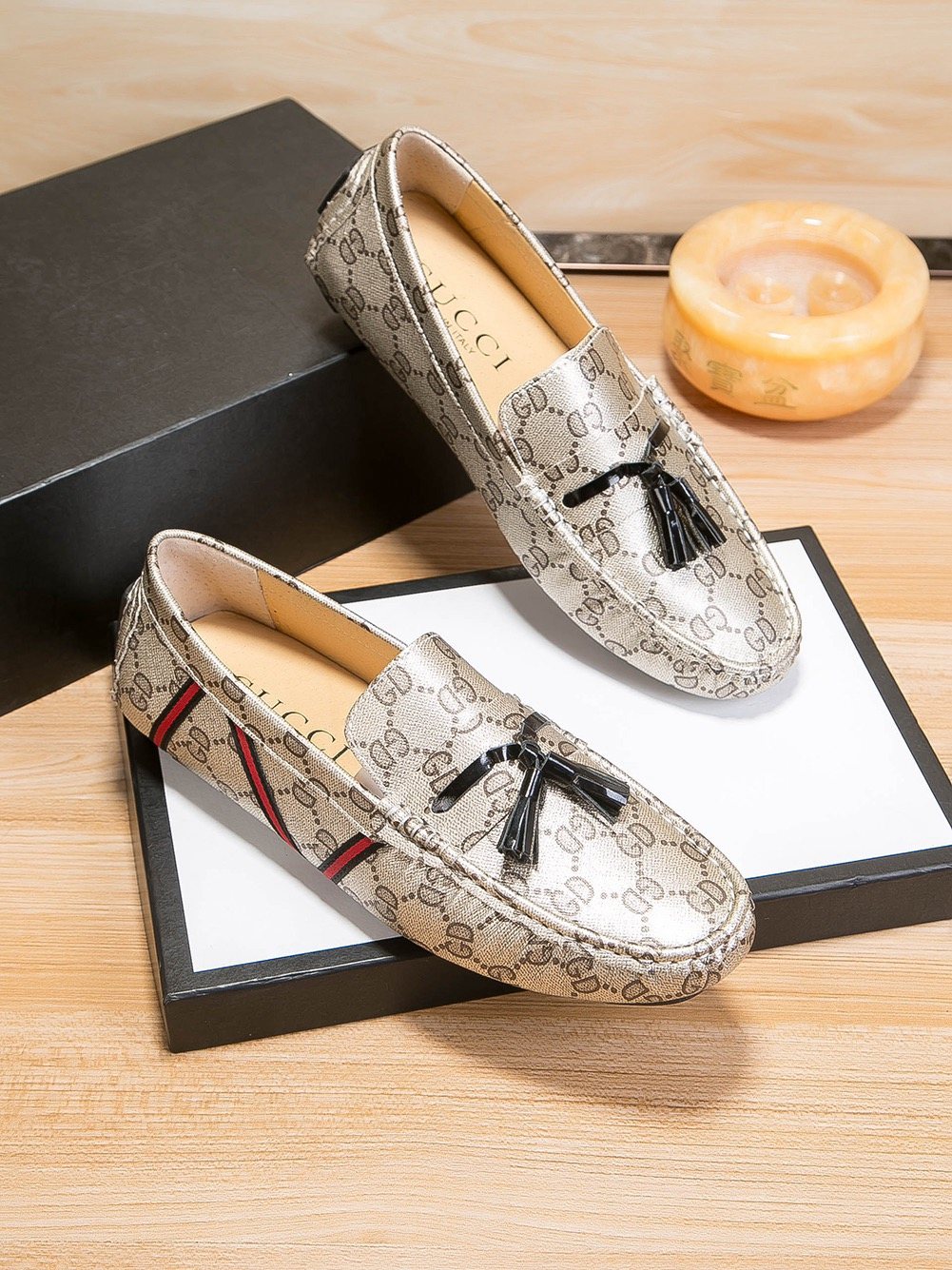 Gucci Monogram Stripe Tassel Loafers — front