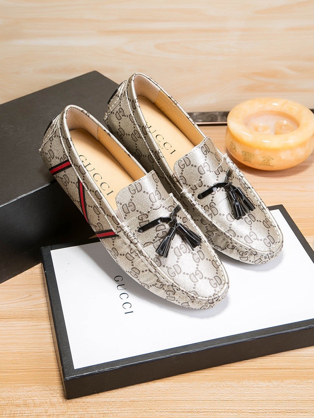 Gucci Monogram Stripe Tassel Loafers — hero