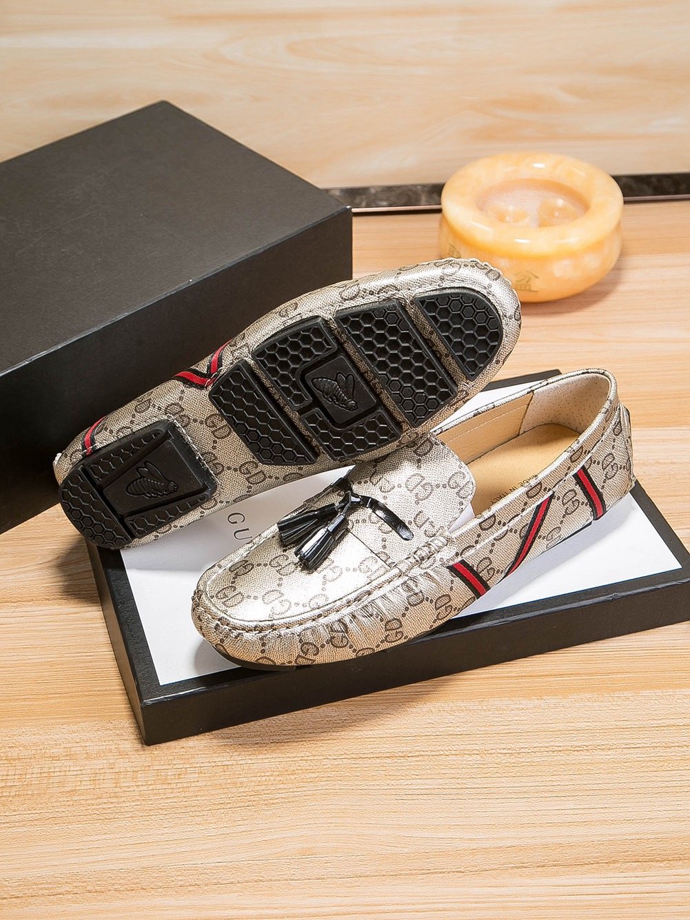 Gucci Monogram Stripe Tassel Loafers — side