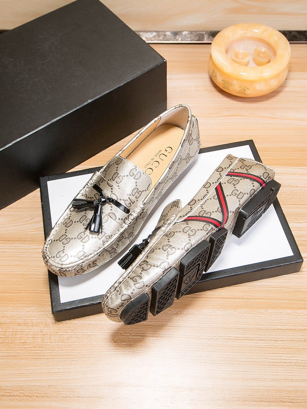 Gucci Monogram Stripe Tassel Loafers — side