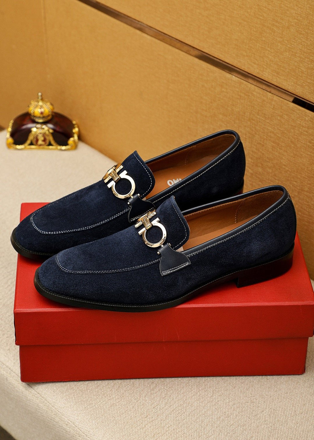 Ferragamo Navy Blue Hardware Loafers — side