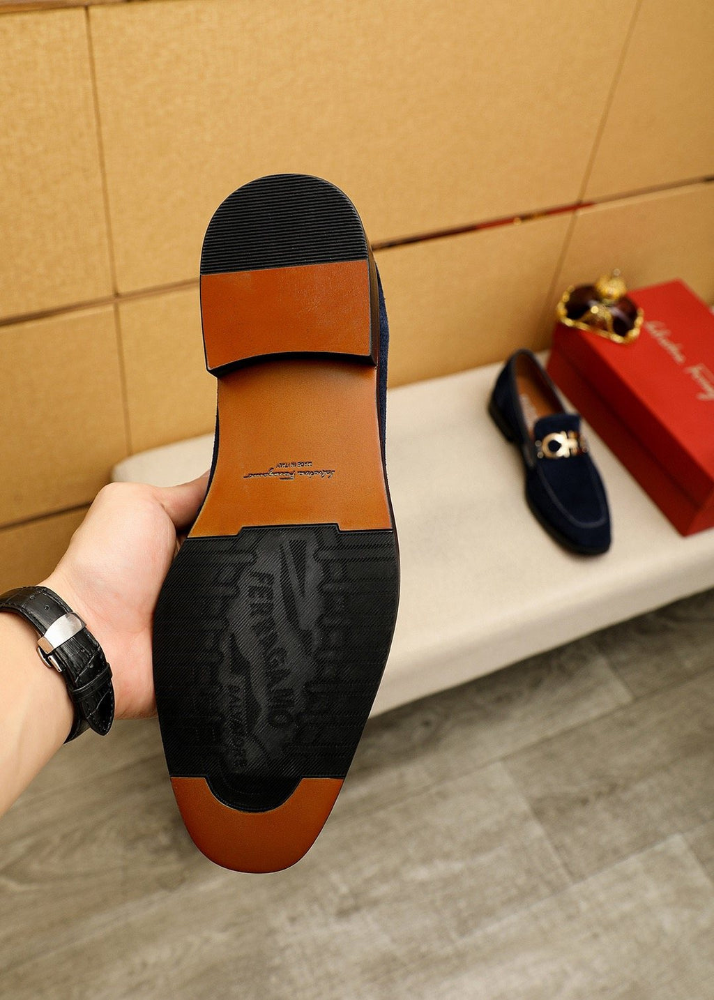 Ferragamo Navy Blue Hardware Loafers — detail