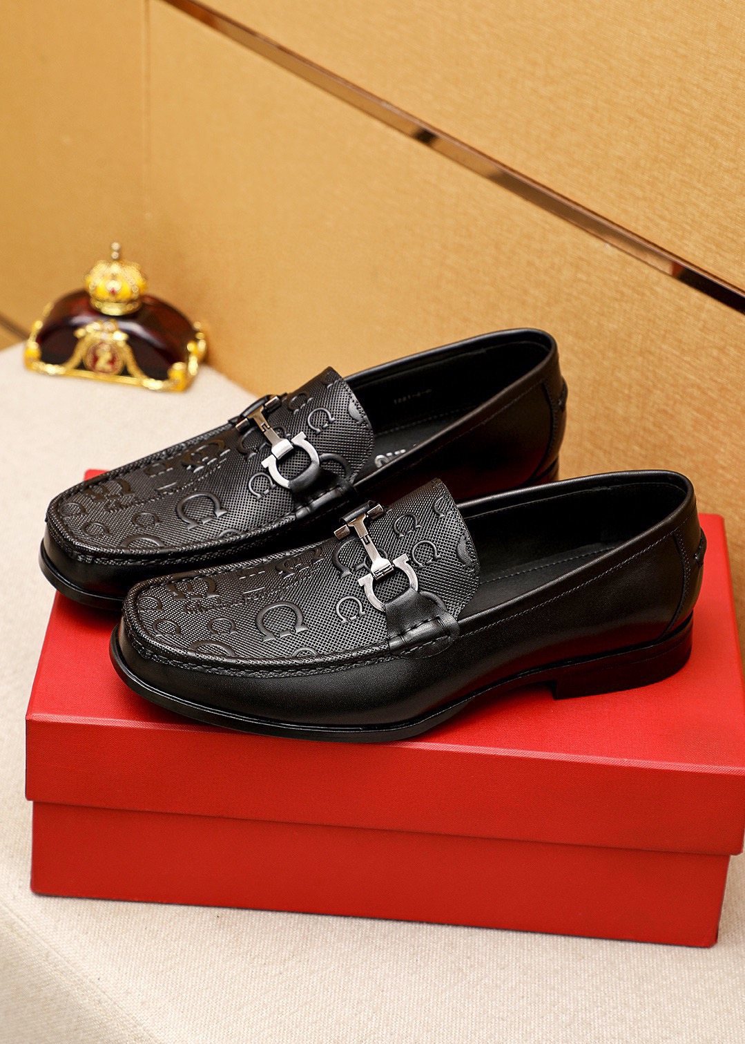 Ferragamo Black Embossed Buckle Loafers — front
