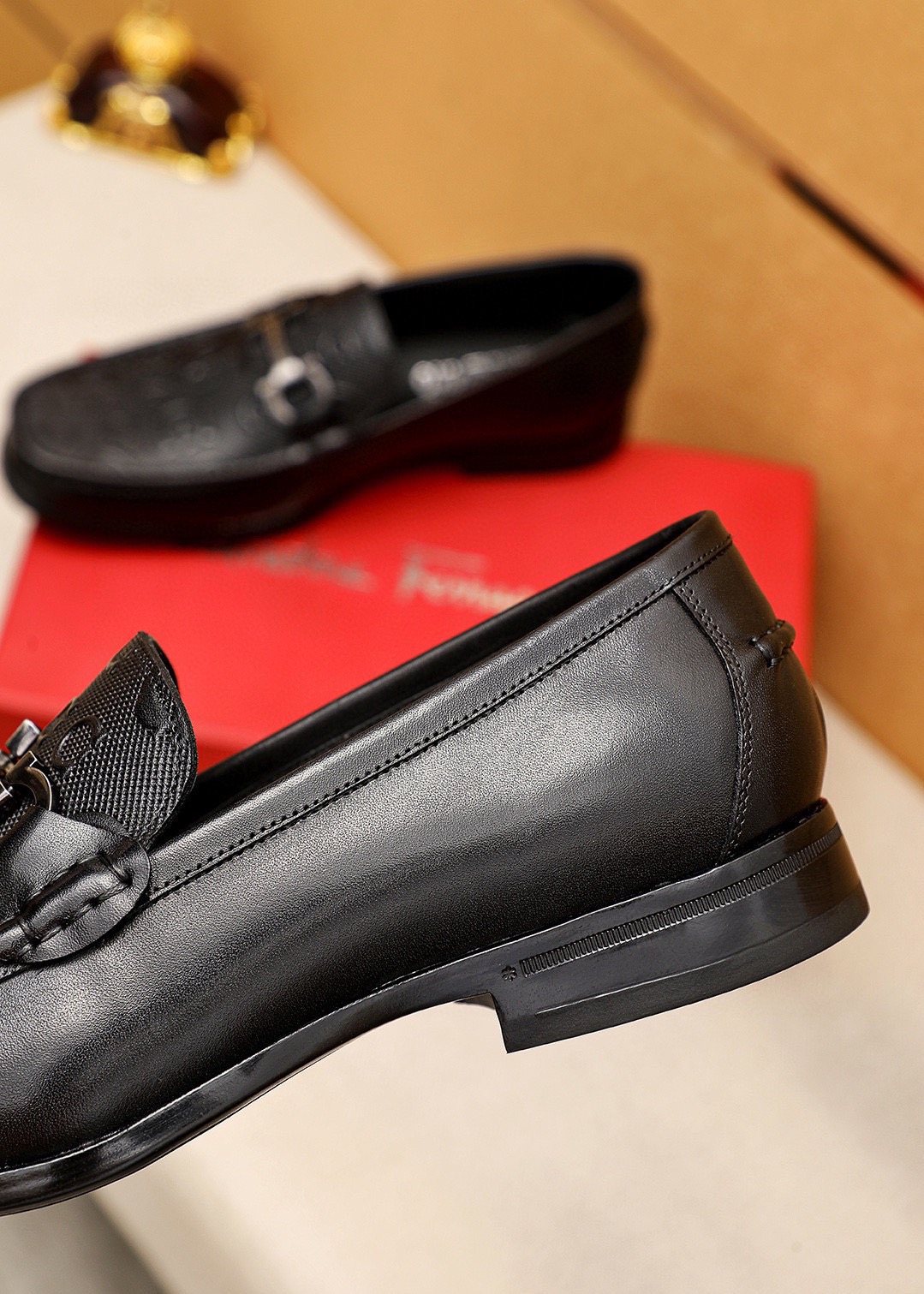 Ferragamo Black Embossed Buckle Loafers — side