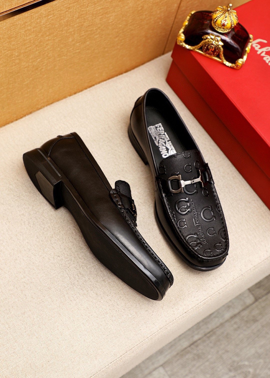Ferragamo Black Embossed Buckle Loafers — front