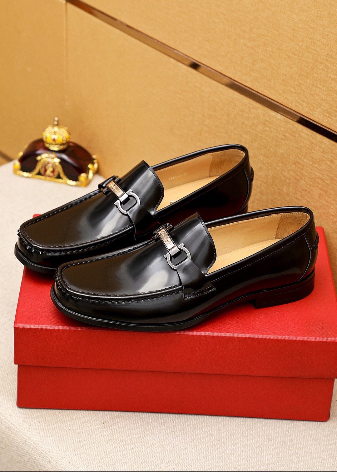 Ferragamo Black Buckle Leather Loafers — front