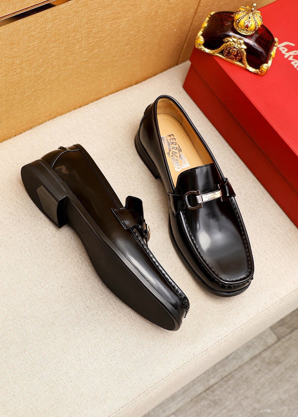 Ferragamo Black Buckle Leather Loafers — front