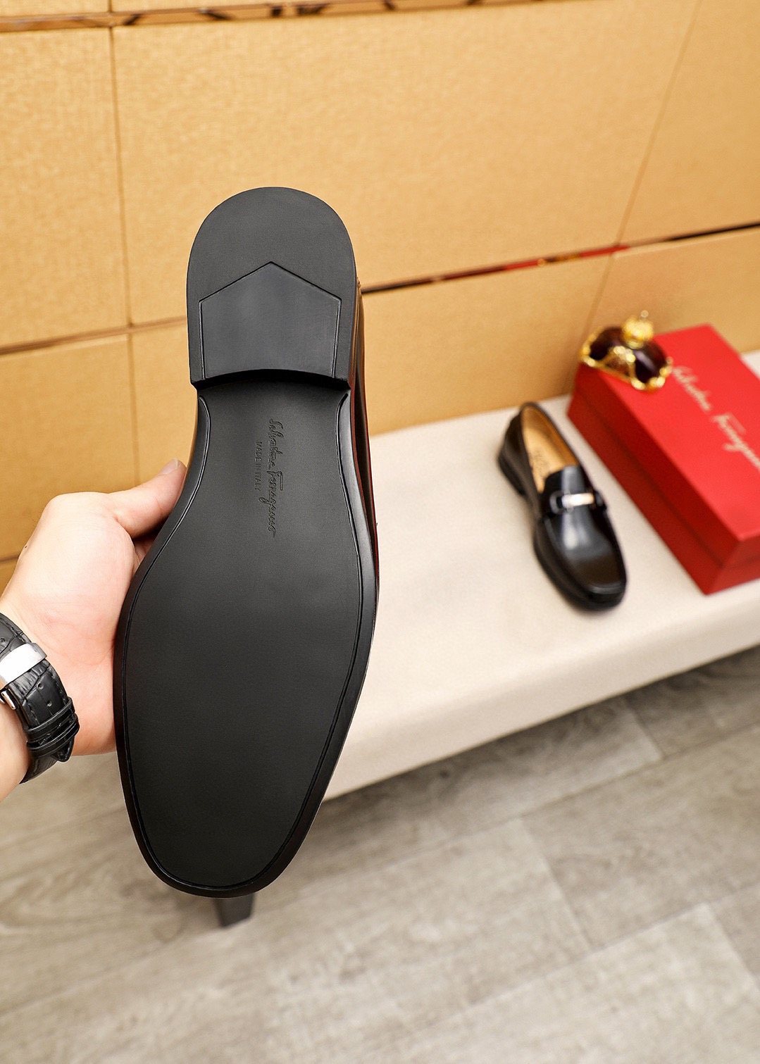 Ferragamo Black Buckle Leather Loafers — side