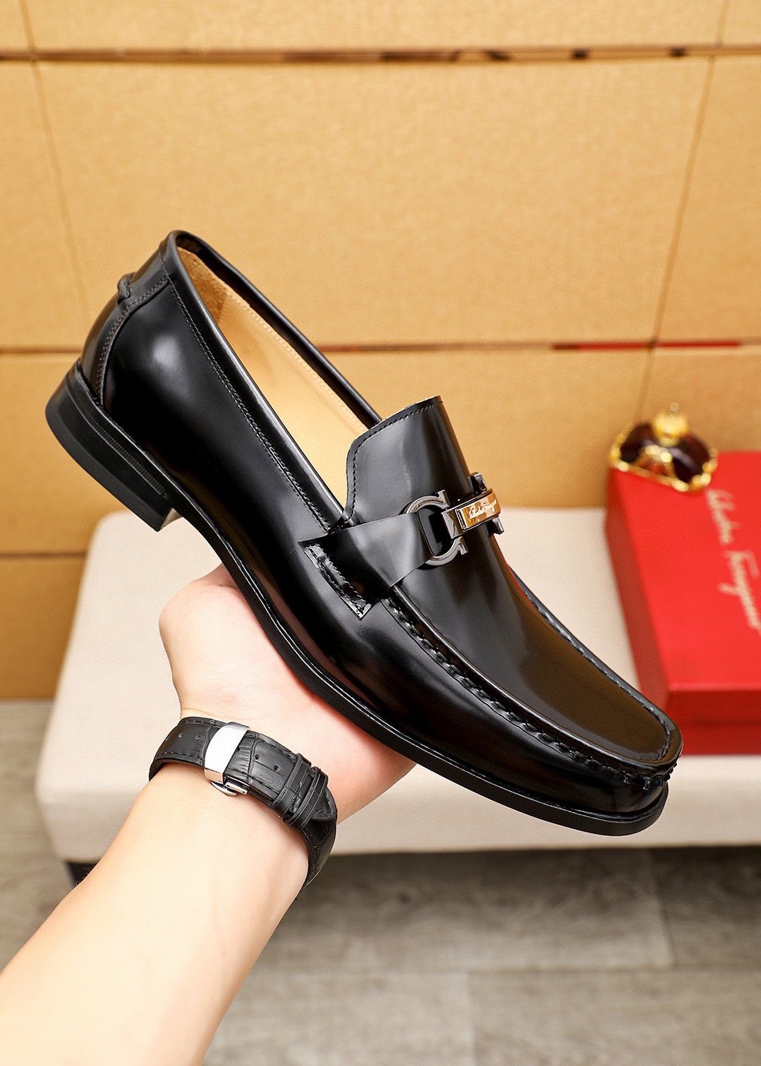 Ferragamo Black Buckle Leather Loafers — model