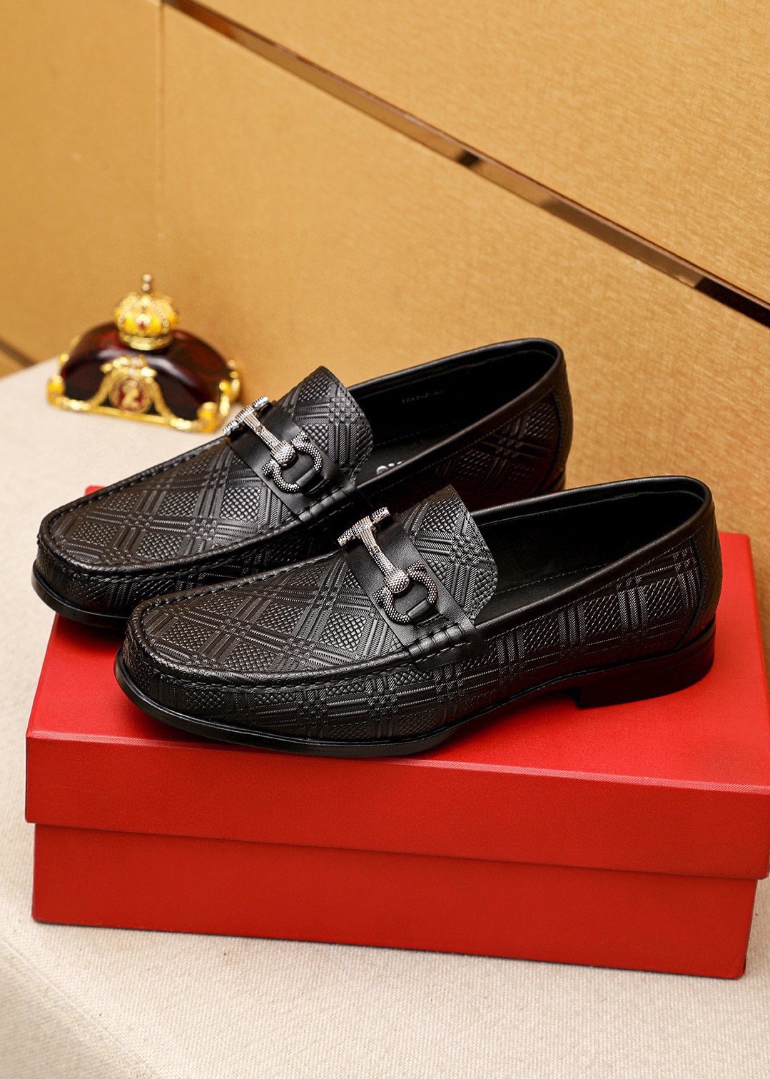 Ferragamo Black Embossed Buckle Loafers — front