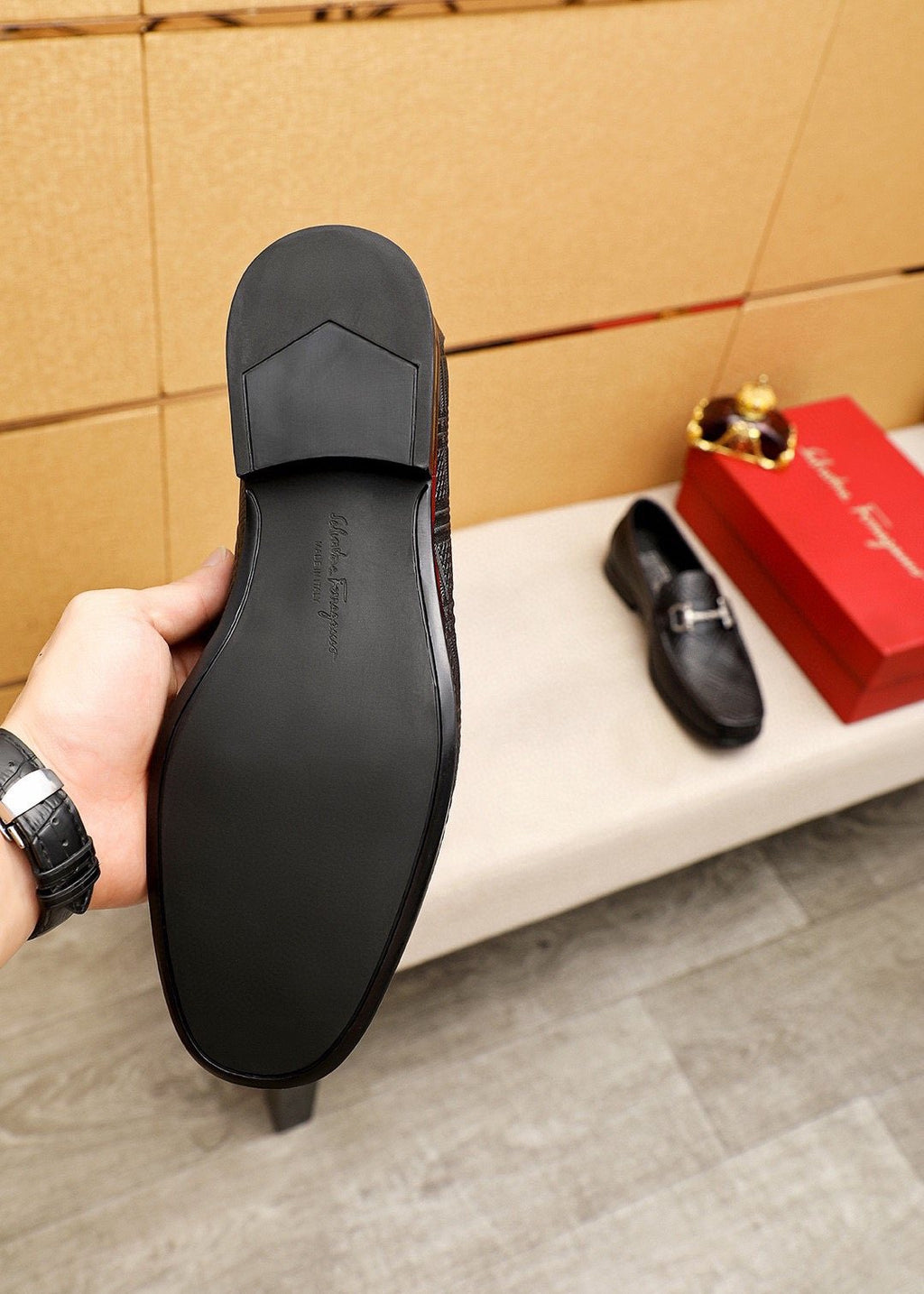 Ferragamo Black Embossed Buckle Loafers — detail