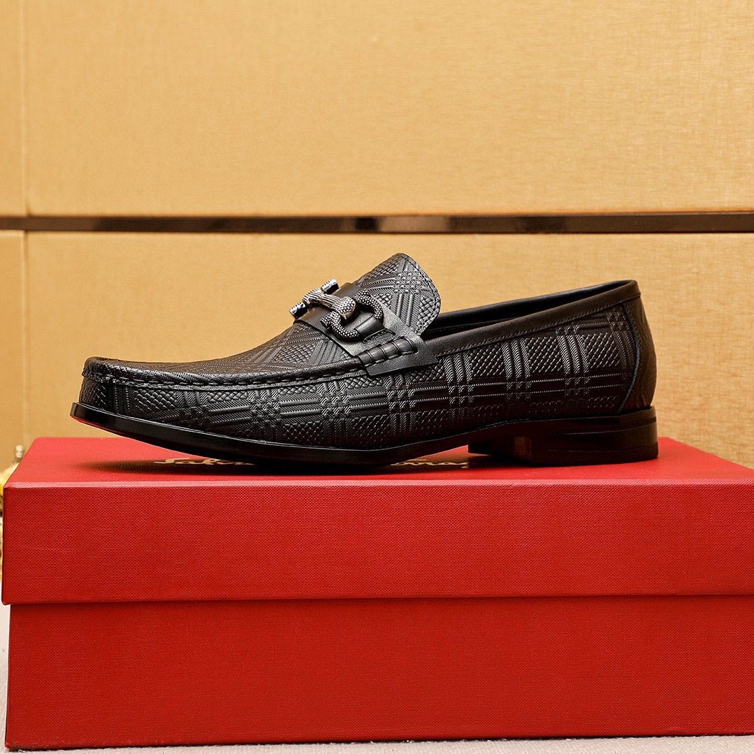 Ferragamo Black Embossed Buckle Loafers — side