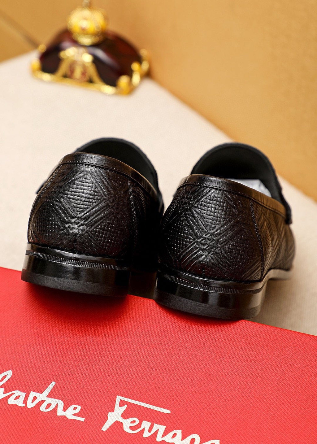 Ferragamo Black Embossed Buckle Loafers — back