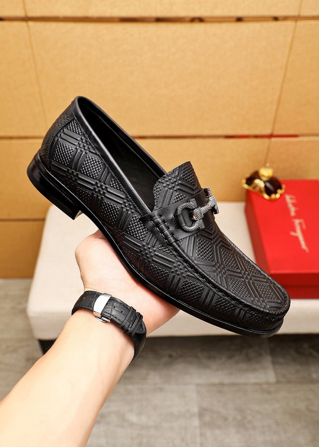 Ferragamo Black Embossed Buckle Loafers — side