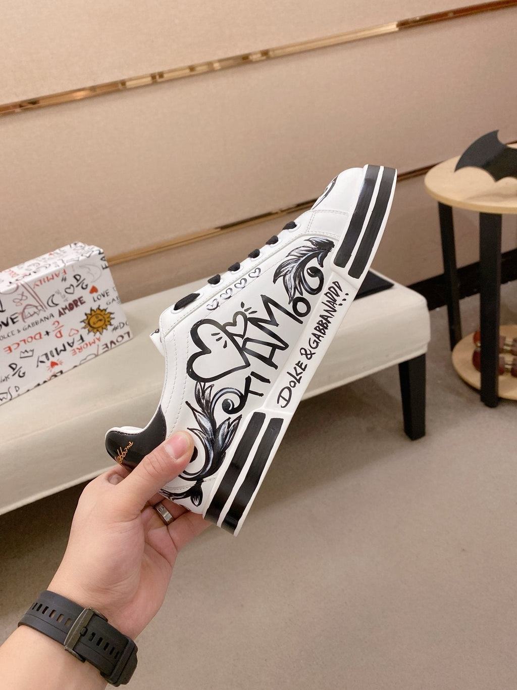 Dolce & Gabbana White Graphic Lace-Up Sneakers — side