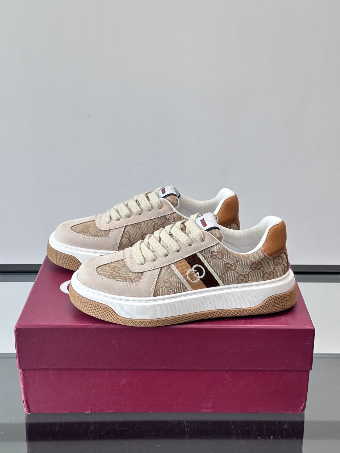 Gucci Beige Patterned Panel Sneakers — side