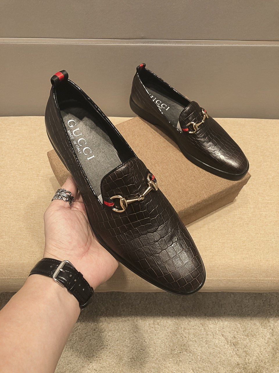 Gucci Black Embossed Horsebit Loafers — front
