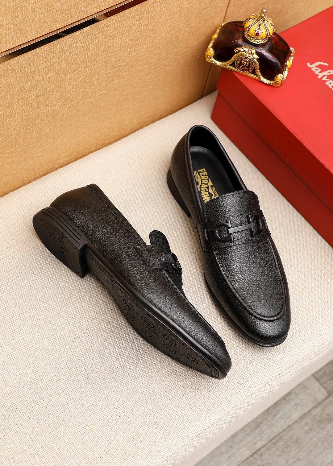 Ferragamo Textured Metal-Strap Loafers — front