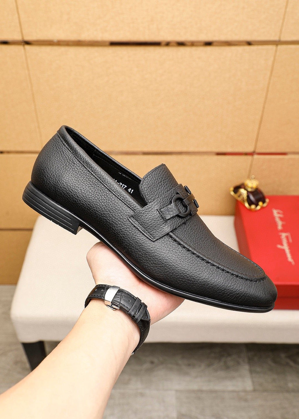 Ferragamo Textured Metal-Strap Loafers — side