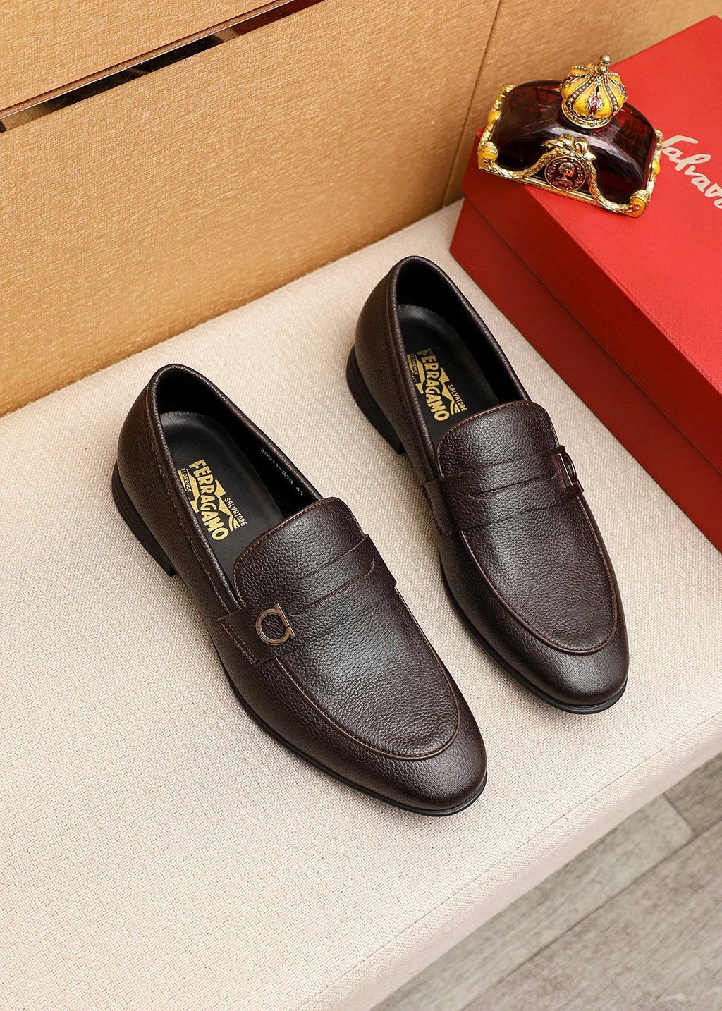 Ferragamo Textured Metal-Strap Loafers — hero