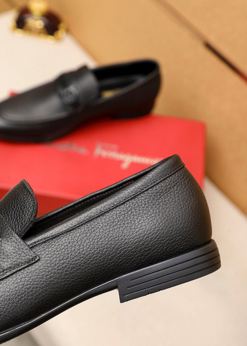 Ferragamo Textured Metal-Strap Loafers — detail