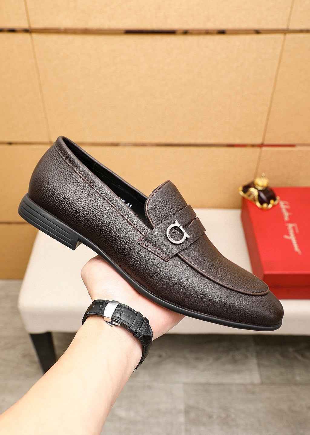 Ferragamo Textured Metal-Strap Loafers — model