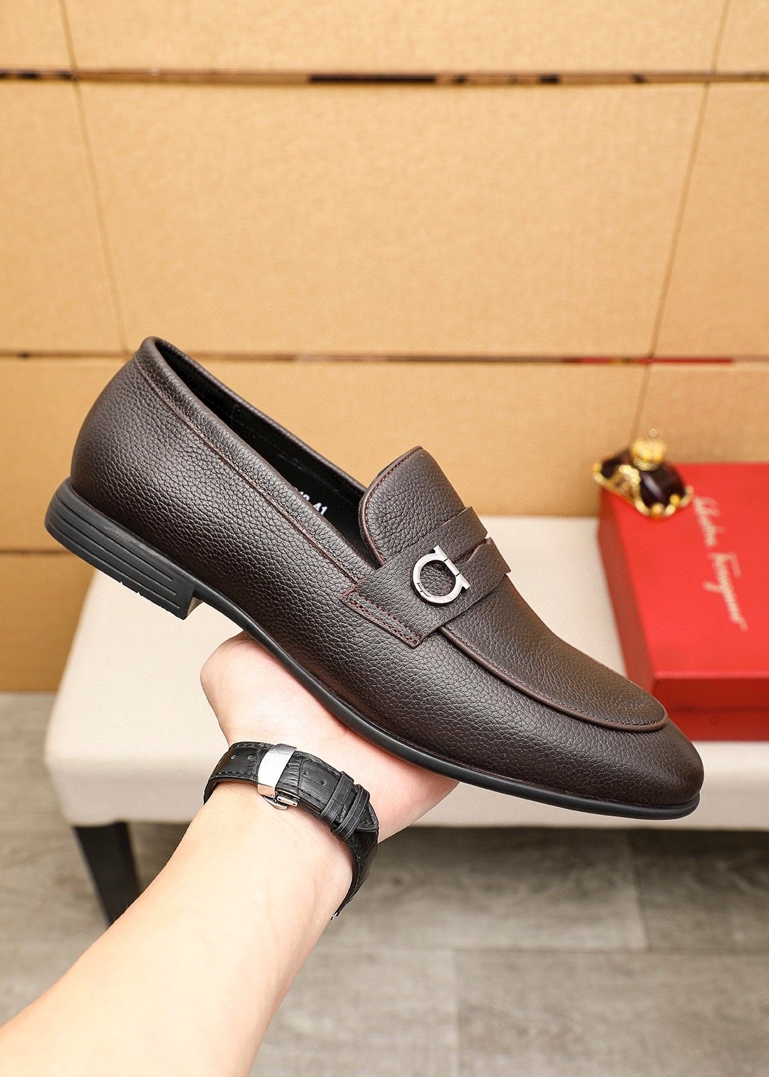 Ferragamo Textured Metal-Strap Loafers — model
